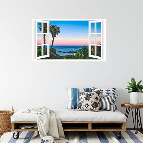 3D Wall Stickers Summer Beach Wall Stickers Murals Removable Fake Window Wall Stickers Scenery View Window Decals Peel And Stick Seascape Wall Stickers For Living Room Bedroom Decor #TOP2