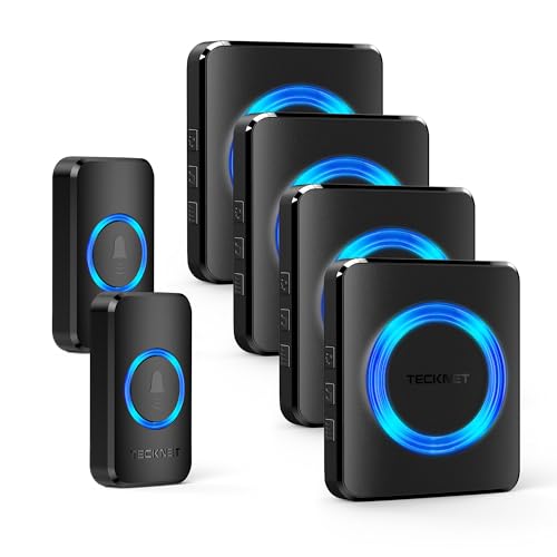 TECKNET Funkklingel, IP65 Funk klingel Set Aussen Wasserdicht, Kabellose Türklingel 600m Reichweite, Haustür Klingel 2 Sender 4 Empfänger, 60 Melodien Doorbell und Klingelknopf Mit LED-Blitz