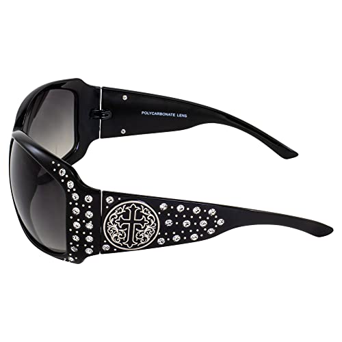 Rodeo Queen 2 Pairs of Fashion Riding Sunglasses for Women Black Frame w/Metal Cross Accent Piece Bling Rhinestones & Smoke Gradient Lenses3