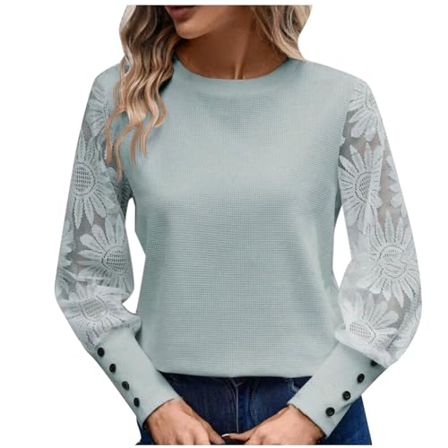 Waffle Knit Tops for Women Sunflower Lace Mesh Long Sleeve Sweater Crewneck Pullover Tee Shirt Lightweight Blouse