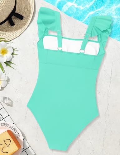 Image of Qaoerde Girls One Piece Swimsuits Ruffle Solid Color Bathing Suit for 9-16Y | Adjustable Straps, Ruched, Padded