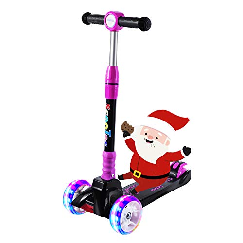 SULIVES Kick Scooter for Kids 3 Wheel Scooter 3 Adjustable Height Lean to Steer with PU Flash Wheel for Ages 3-5 6-12 Children Girls and Boys Rose Red