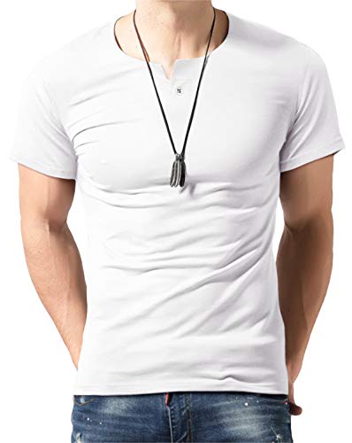 Aiyino Men's Summer Casual Slim Fit Single Button Short Sleeve Placket Plain Henley Top T Shirts M-White