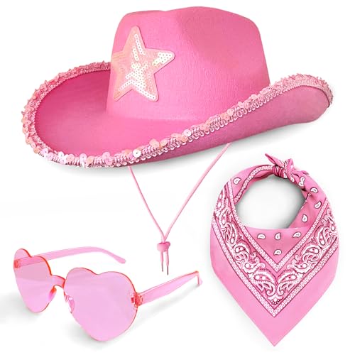 Cowboy Hat 3 Piece Set for Women (Pink Hat with Star Pink Paisley Bandana & Heart Sunglasses) Cowgirl Costume Accessories for Fancy Dress Festivals Western