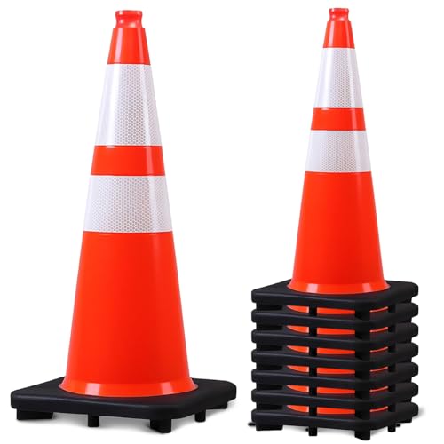 EconoHome Heavy-Duty Safety Cones, 28-Inch – Set of 8 Weighted, Flexible PVC Cones with Reflective Strips for Parking, Construction, and Roadway Use