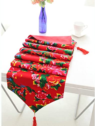 Chemin de table en coton rouge 195cm WXKAGF, nappe longue style vintage à fleurs et pompons de table - 5