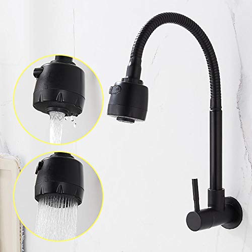 HomeLava Robinet de Cuisine d'évier Mitigeur d'eau froide montage mural robinet à levier unique robinet mural 360 ° pivotant double fonction 304 acier inoxydable noir avec Flexible Tuyau Cover