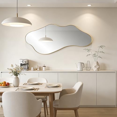 DAOYIJIAJU Large Irregular Mirror, 55"x25.6" Asymmetrical Mirrors with Gold Metal