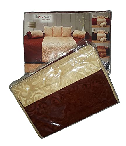 Image of Home Sajja Premium Diwan Set of 8 (1 Sheet, 2 Bolster with Dori & 5 Cushion Covers) Brown & Beige