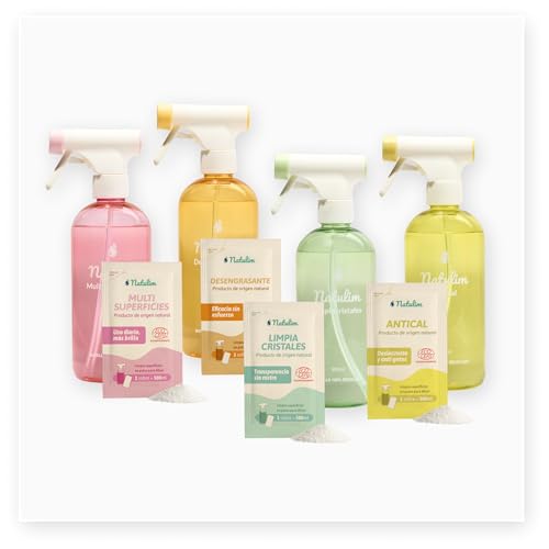 Natulim 4 Pack Esenciales del Hogar - Desengrasante, Antical, Limpiacristales y Multisuperficies - Set Pulverizador Recargable 500 ml + 8 Sobres de Recarga - Formula Eficaz y Natural (1 Sobre = 500ml)