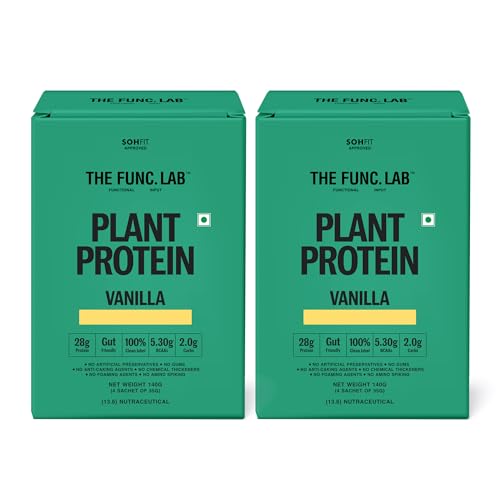 Image of The Func. Lab Plant Protein - Vanilla Travel Packs | (4 * 35g Sachets) Pack of 2 | 28g Protein per Scoop | Pea and Rice Blend | Vegan, Sugar‑Free, 100% Clean Label, Gut Friendly, Vegetarian