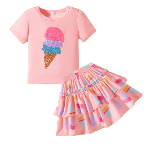 Image of Little Girls Skirt Set - 2 Piece Short Sleeve Top Shirred Tiered Skirt Outfit Girls Spring Summer Clothes 3-8 Years