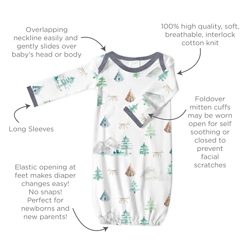 Image of SwaddleDesigns Softest Cotton Baby Pajama Gown with Foldover Mitten Cuffs for Infant Boy and Girl, Newborn, 0-3 Months