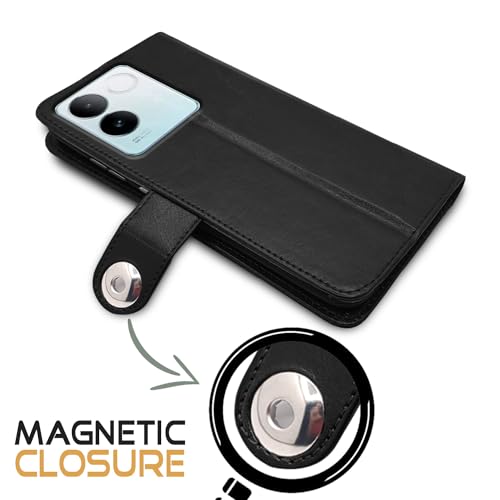 Image of Pikkme Vivo T2 pro 5G Flip Cover Leather Finish | Inside TPU with Card Pockets | Wallet Stand and Shock Proof | Complete Protection Button Flip Case (Black)