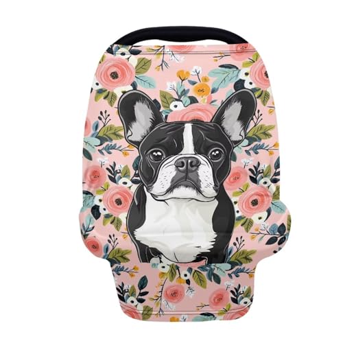 Image of Forchrinse Boston Terrier Floral Print Baby Car Seat Cover Stretchy Breastfeeding Nursing Cover Soft Multi Use Cover for Shopping Cart /High Chair /Stroller