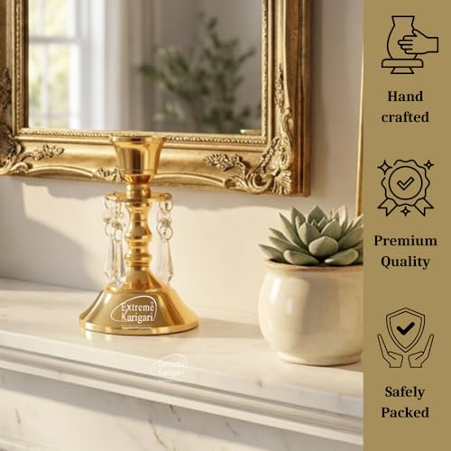 Image of Aluminum Taper Candle Stand with Hanging Crystal Drops | 5 inch Height | Wedding, Dining Table & Home Decor Centerpiece | 5inch