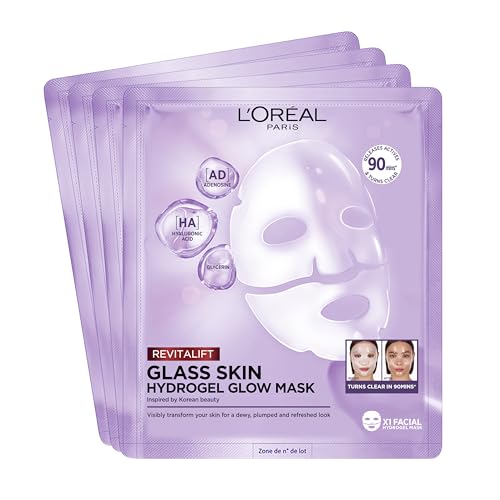 LOréal Paris Glass Skin Hydrogel 4er Maskenbox für aufgepolsterte & glowy Haut feuchtigkeitsspendend & glättend [mit Hyaluronsäure] Revitalift Filler Vorteilsset 100g