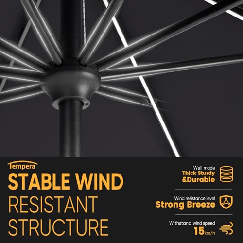 Image of Tempera Patio LED Umbrella with Light | Solar Outdoor Umbrella | Market Table Parasol with Push Button Tilt and Crank, with Sturdy Pole & Fade Resistant Canopy, Easy to Set