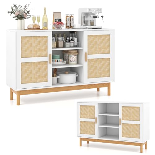 KOMFOTTEU Buffet avec Portes Tissées en Bambou, Meuble de Rangement de Cuisine avec 3 Étagères Ouvertes, Dispositif Anti-basculement, Armoire de Salle à...