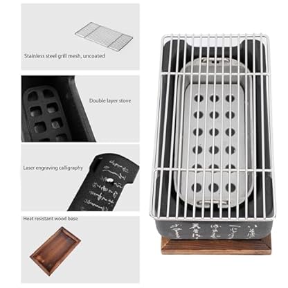 Tissting Japanischer BBQ Grill, 36x18x13cm Mini Holzkohle Tischgrill mit Gitter und Holzbasis, Rechteckig Tragbarer Japanisch Holzkohleofen Campingkocher für Yakiniku, Takoyaki, Aal Teriyaki – Bild 7