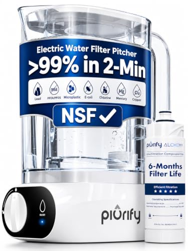 Piurify Compact 50 OZ Countertop Electric Water Filter Pitcher | Removes 99% of Lead, Microplastics, PFAS & Chlorine | Carbon Block & UltraFiltration Technology | 6 Months Filter Life | NSF Verified
