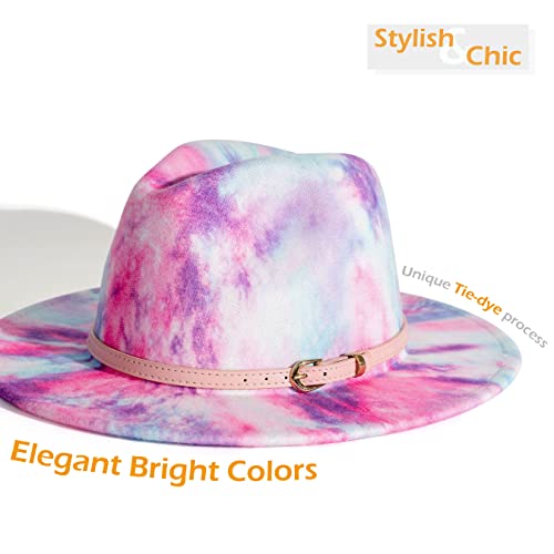 Gossifan Tie-Dye Wide Brim Fedora Hats For Women Multicolor Felt Panama Hat Cherry Blossom Pink #TOP2
