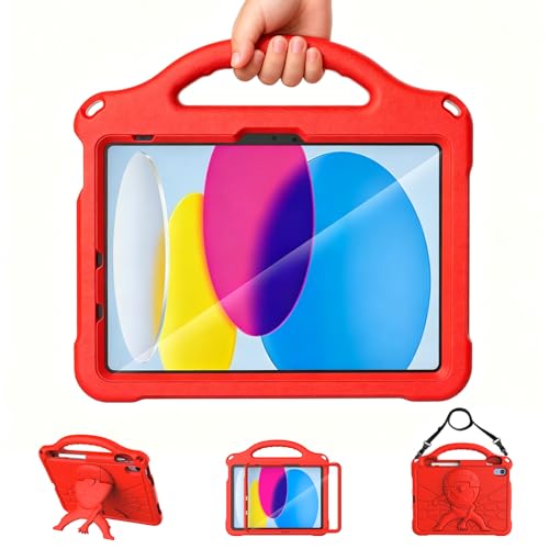 DJ&RPPQ Kids Case for iPad A16 11th Generation 2025/iPad 10th Generation 2022 with Screen Protector Shockproof Handle Stand Cover with Pencil Holder iPad 11th/10th Generation Case for Kids Red