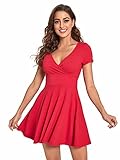 Fabric has some stretch Deep v neck, short sleeve, wrap front, high waist, flared dress Model Measurements: Height: 66.1 inch, Bust: 33.1 inch, Waist: 25.6 inch, Hips: 35.8 inch. Wear: S