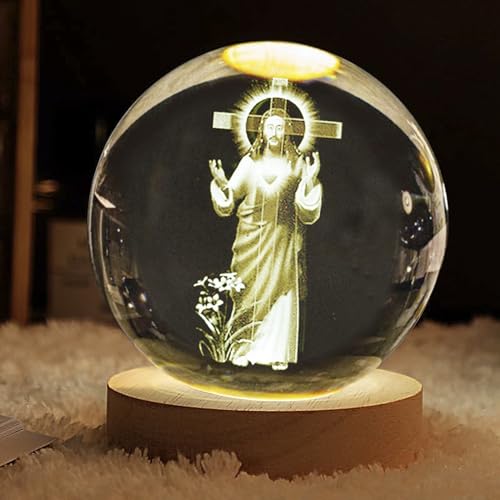 Leuchtenden Kristallkugel Nachtlicht 3D gravierte Jesus Figur Statue mit Holzsockel Farbwechsel Glaskugel religiöse Sammlung christliche katholische Kirche Zuhause Deko Geschenk