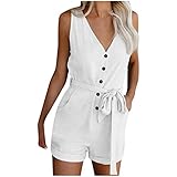 Womens Work Jumpsuit Casual Elegant Sleeveless One Piece Shorts Rompers with Belt Ladies Plain V Neck Button Down Jump Suit Women's All In One Playsuit with Pockets