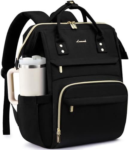 LOVEVOOK Laptop Backpack for Women with Giant Tumbler Holder Pocket,15.6 inch Waterproof Travel Backpack Purse Computer Laptop Bag,Professional Work College Nurse Teacher Backpack Casual Daypack,Black