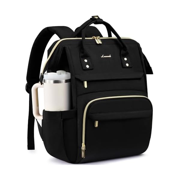 LOVEVOOK Laptop Backpack for Women with Giant Tumbler Holder Pocket,15.6 inch Waterproof Travel Backpack Purse Computer Laptop Bag,Professional Work College Nurse Teacher Backpack Casual Daypack,Black