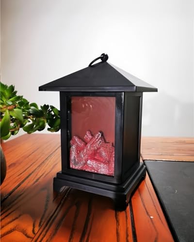 Image of Small Cozy Fireplace Lantern Traditional Realistic Log Wood Burning Flame Effect Ligh LED Charcoal Style Table LampFor Indoor & Outdoor Use