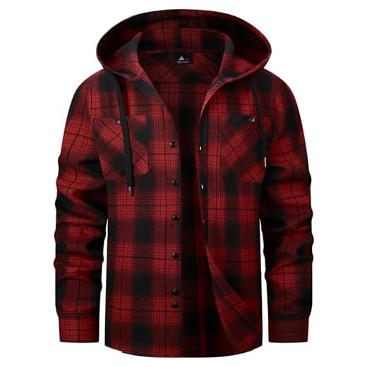 SwissWell Camisa Cuadros Hombre con Capucha Camisa Franela Manga Larga para Hombre con Casual Leñador Rojo Oscuro XL