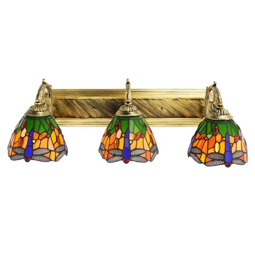 Image of Wall Sconce Vintage Bedside Wall Mount Lamp 3-Light Dragonfly Stained Glass Shade Wall Light for Bedroom Hallway Stairway Balcony