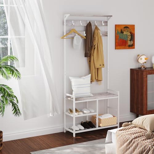 HOMEKOKO Coat Rack Shoe Bench, Hall Tree Entryway Storage Bench, Wood Look Accent Furniture with Metal Frame, 3-in-1 Design (White & Greige)