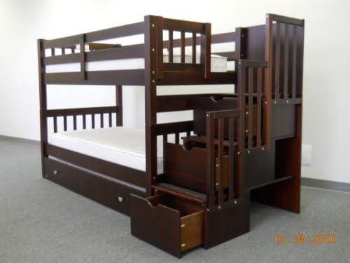 Bedz King Twin Over Twin Stairway Bunk Bed with Twin Trundle, Cappuccino