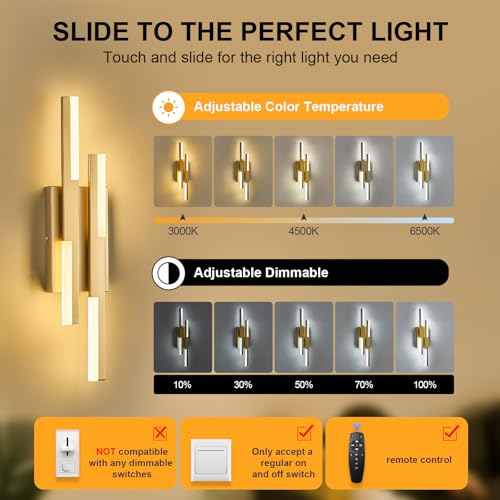Image of Benkut Modern LED Vanity Lights Set of 2, Gold Wall Sconce with Remote Control Dimmable Indoor Wall Light Bedside Remote Sconce for Bedroom Bathroom Living Dining Room (2 Pack H19.7'')