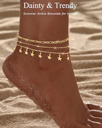 Image of ZHESHY Gold Silver Ankle Bracelets for Women 14K Gold Plated Anklets for Women Waterproof Cuban Link Heart Chain Anklets Set Non Tarnish Dainty Layered Anklet Bracelets for Women Summer Beach Jewelry