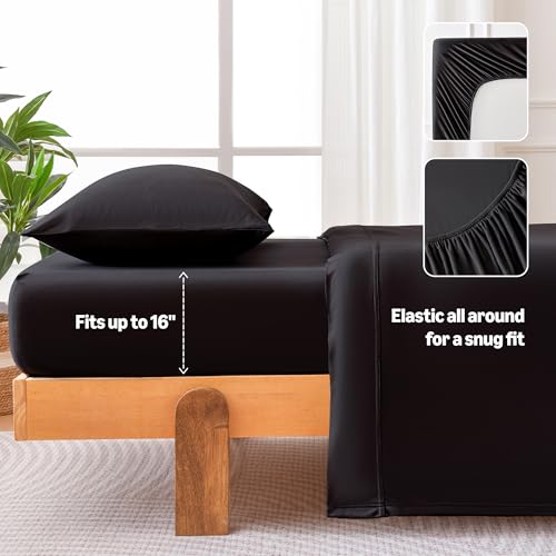 Image of Amazon Basics Jersey Knit 3-Piece Sheet Set, Wrinkle Free and Easy Fit, Includes 16 inch Deep Pocket Fitted Sheet, 1 Flat Sheet and 1 Pillowcase, Twin, Black