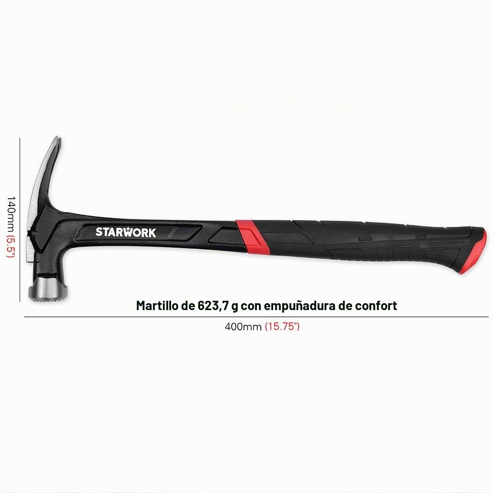 STARWORK True Mecanic - Martillo de acero con mango de acero, mango de acero, antivibración, 623 g