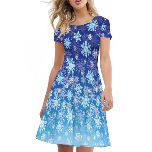 Image of POLERO Women Puffy Swing Elegant Party Midi Dresses Short Sleeve Round Neck A-Line Dress
