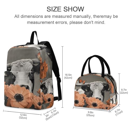Backpack Lunch Bag Set Butterfly Cattle Print, Big Storage Travel Backpacks with Insulated Lunch Box for Office Hiking Picnic2