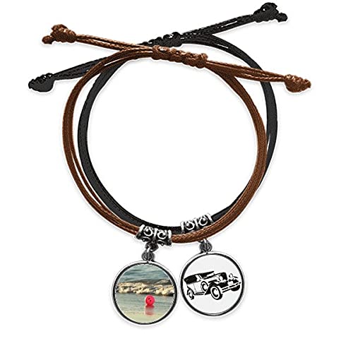 Bracelet corde main motif plage ocean avec charms smiley sourire et minibus vintage