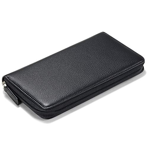 Image of HISCOW Leather Checkbook Cover, Zippered Wallet, Pebbled Black | Full grain cowhide, 5cc & ID window, personal check book & register pockets, removable duplicate divider, women secure zipper
