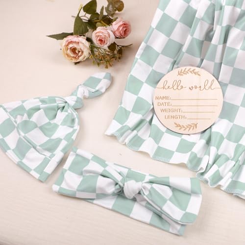 Image of TANOFAR 4-Pack Newborn Swaddle Blanket for Baby Girls & Boys, Ultra Soft Receiving Blankets with Matching Headband and Beanie Set Baby Nursery Swaddle Wrap, Green Checkerboard