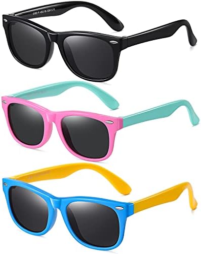 DYLB Kids Polarized Sunglasses for girls boys 3 Pack, Flexible TPEE Rubber Frame for Children Age 3-8. (Black +Pink Green +Blue Yellow)