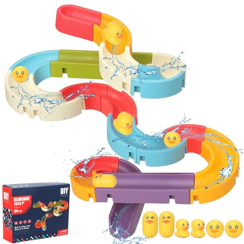 Withosent 34 Piezas Juguetes Bañera Bebe, DIY Juguete Tobogán para Baño con Fuertes ventosas, Bañera de Pared Juguetes para Niños y Niñas