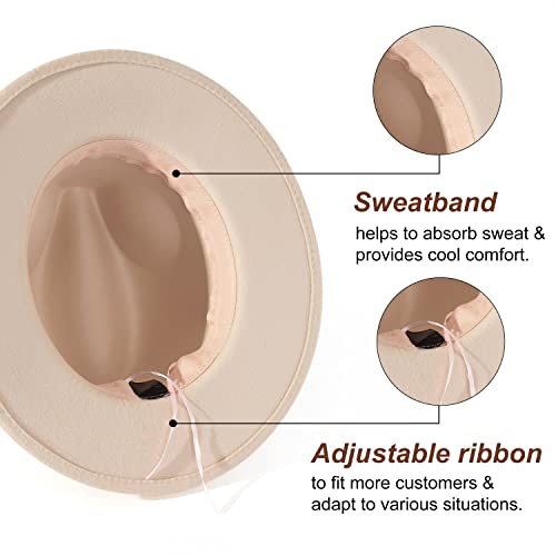 Lisianthus Women's Wide Brim Felt Fedora Retro Panama Hat With Belt Buckle (U-Shaped Buckle Creamy, M) #TOP3