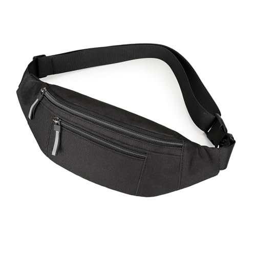 Entchin Pochete transversal para mulheres e homens, 2 bolsos com zíper, bolsa de cinto pequena, mochila leve na cintura, Preto, 13.3 x 2.36 x 4.3 inches, Bolsa de cintura, bolsa transversal, bolsa de